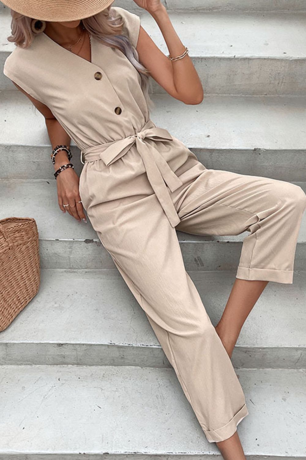 Capped Sleeve Belted V-Neck Jumpsuit in Tan