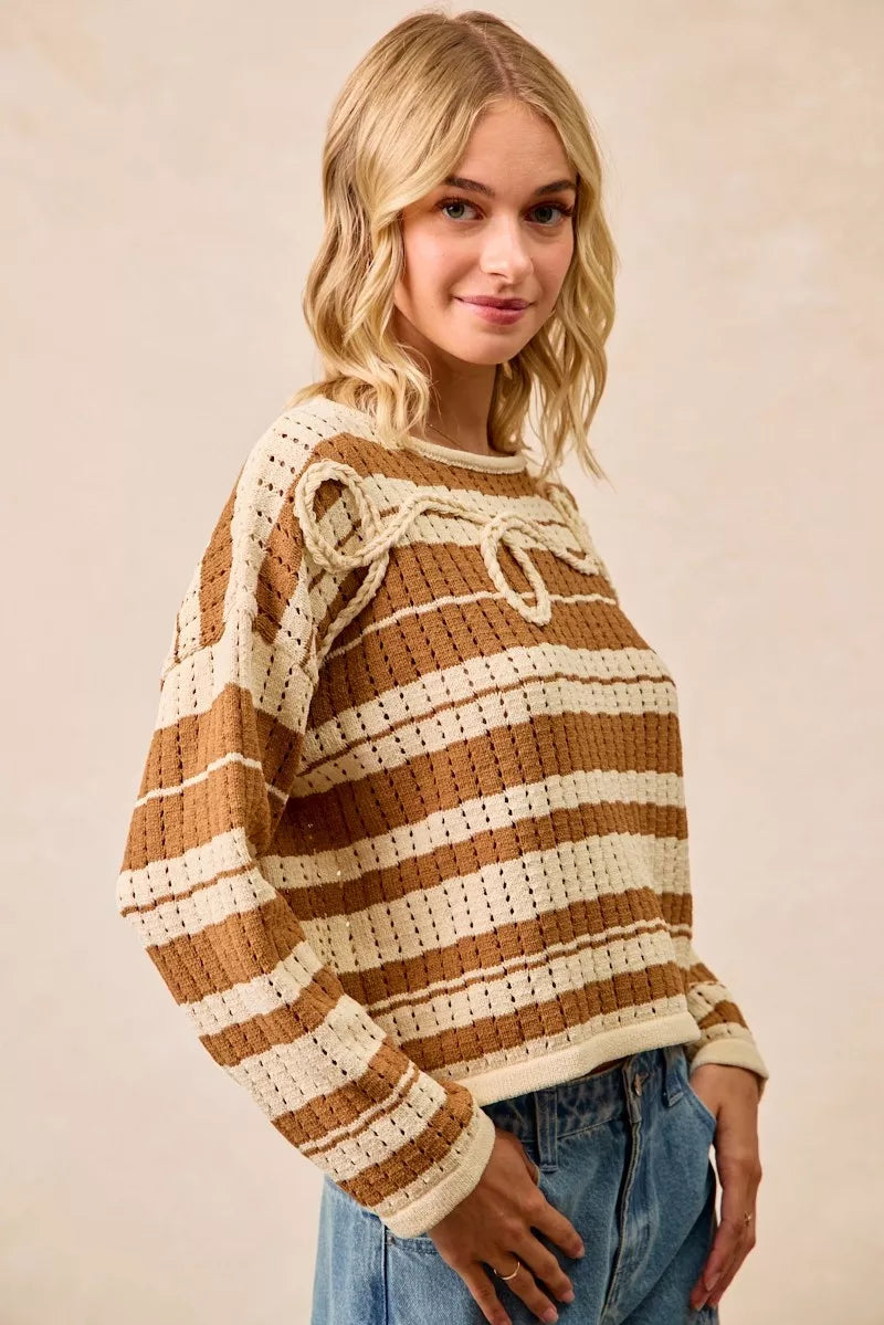 Striped Open-Knit Sweater Top in Brown by BiBi