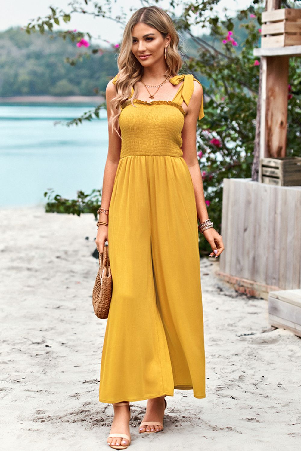 Frill Trim Tie-Shoulder Wide Leg Jumpsuit by DY