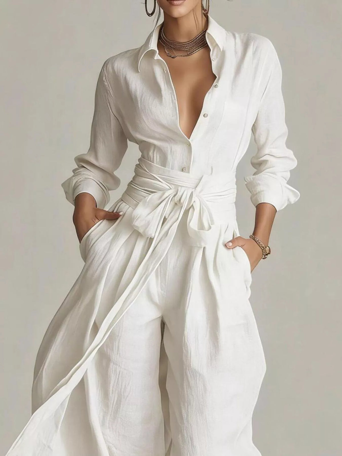 Long-Sleeve Button-Down Waist-Tie Jumpsuit