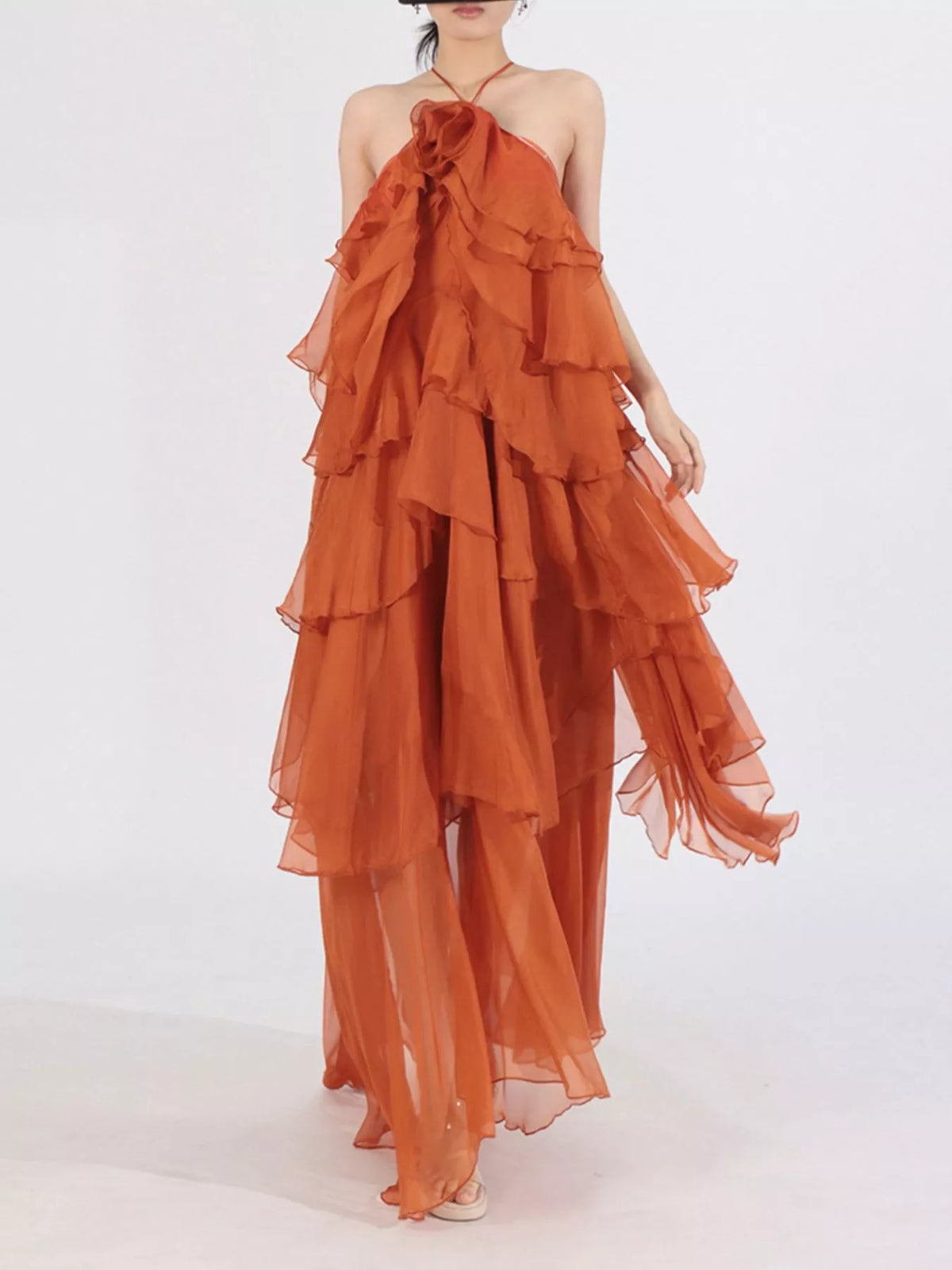 Ruffled Chiffon Halter Maxi Dress