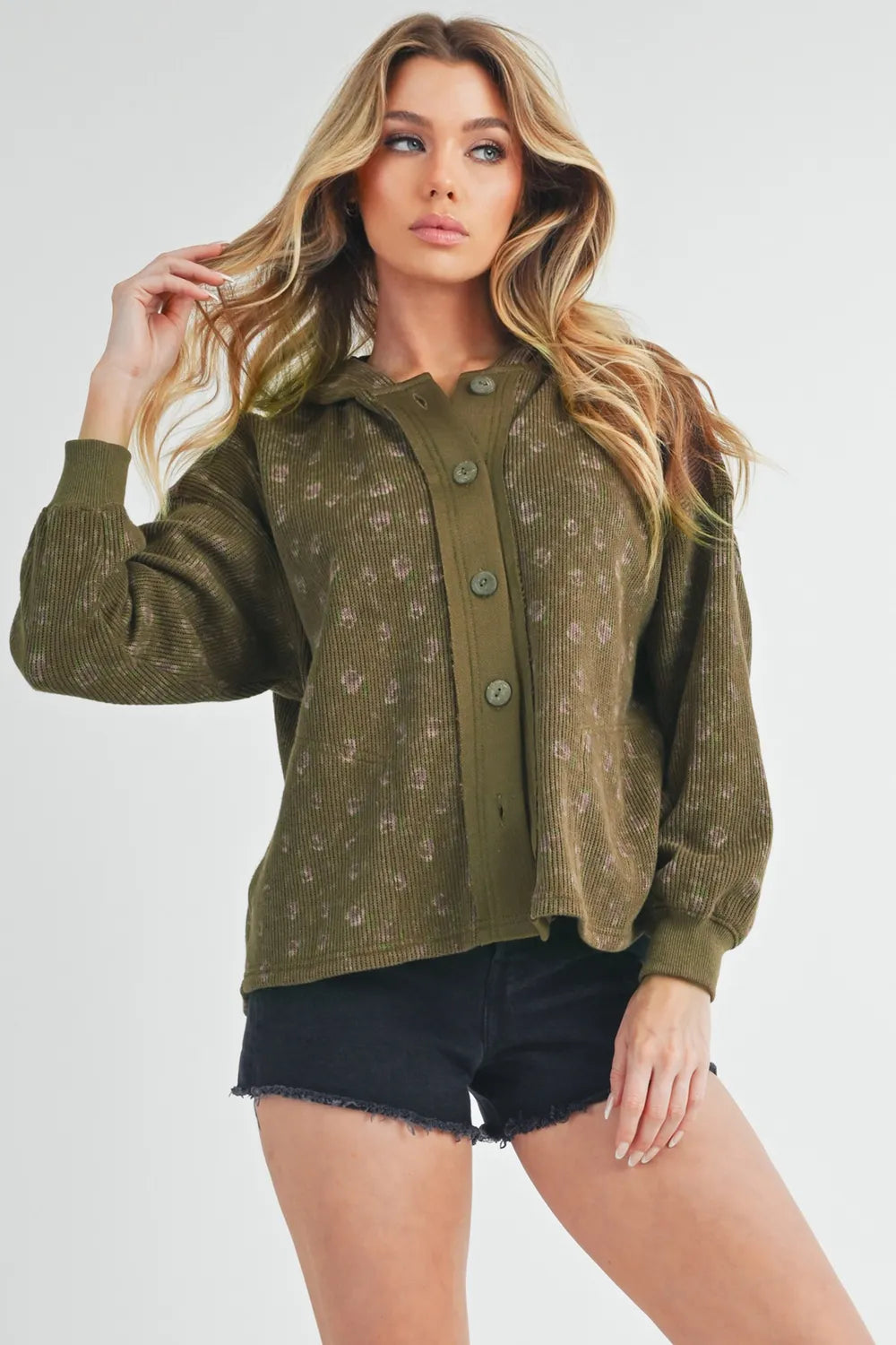 Floral Button-Up Hooded Jacket in Olive
