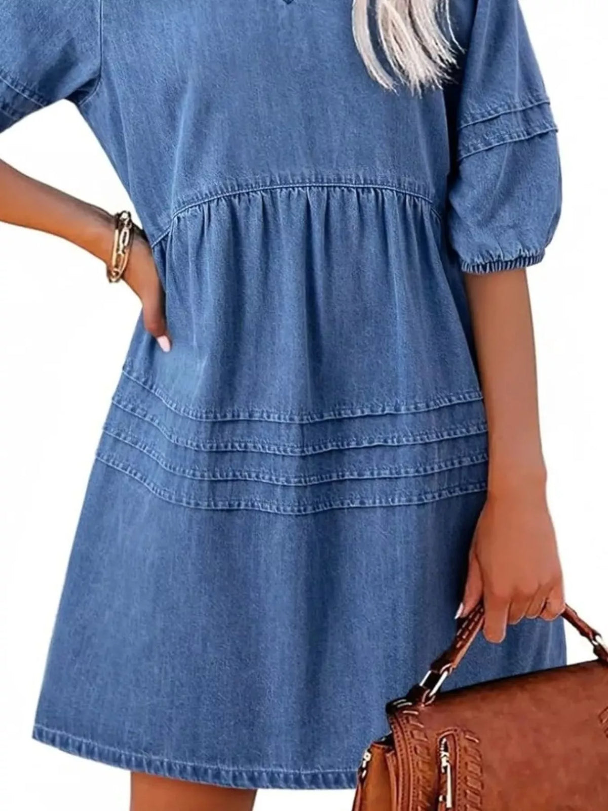 V-Neck Puff Sleeve Denim Mini Dress