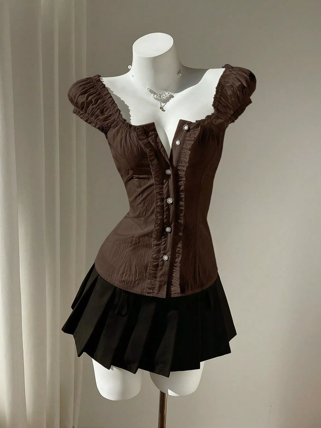 Puff Sleeve Ruched Button-Up Blouse in Brown