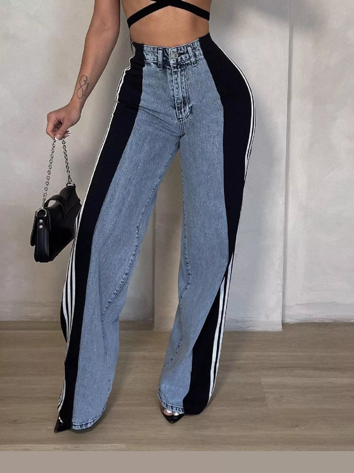 High-Waisted Wide-Leg Jeans with Side Stripe