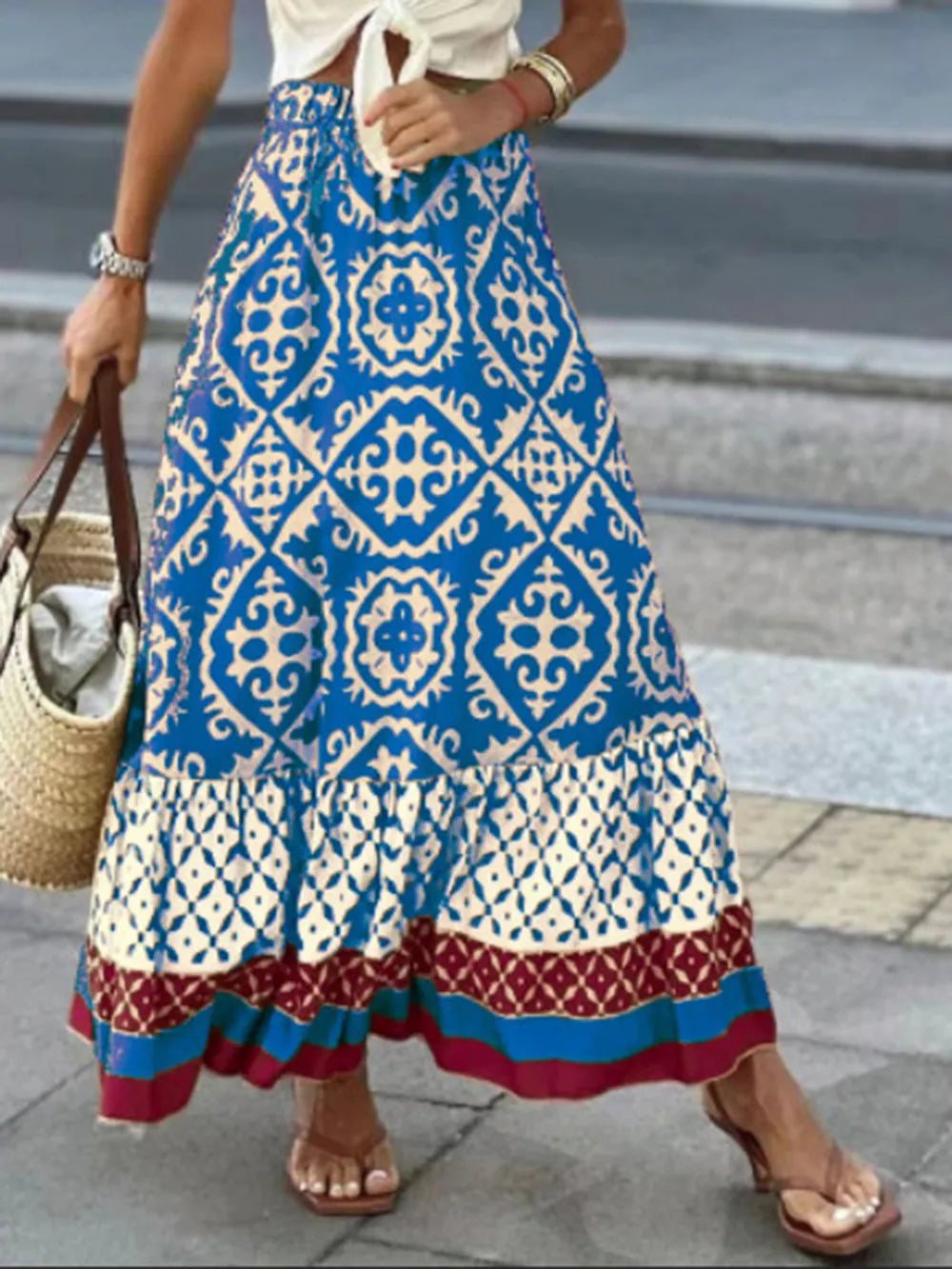 Geometric Print Elastic-Waist Maxi Skirt