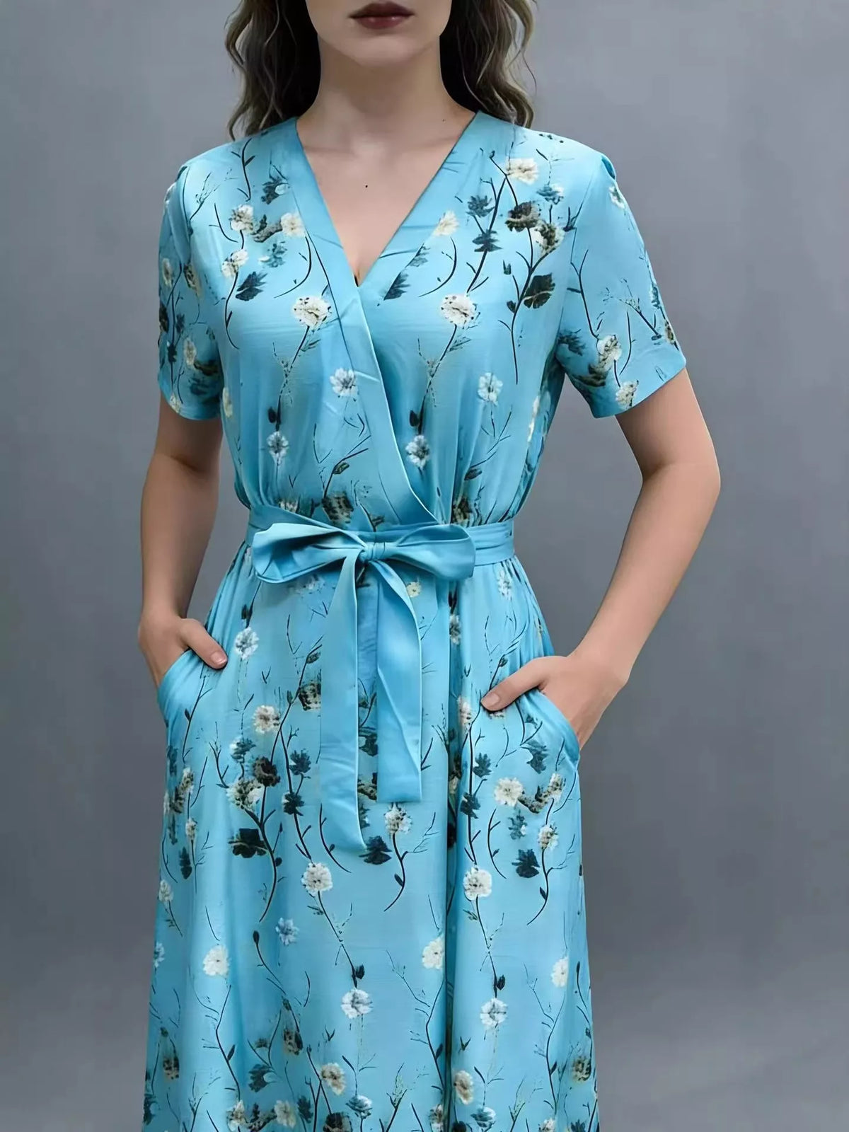 Floral Print Belted Wrap Maxi Dress in Sky Blue