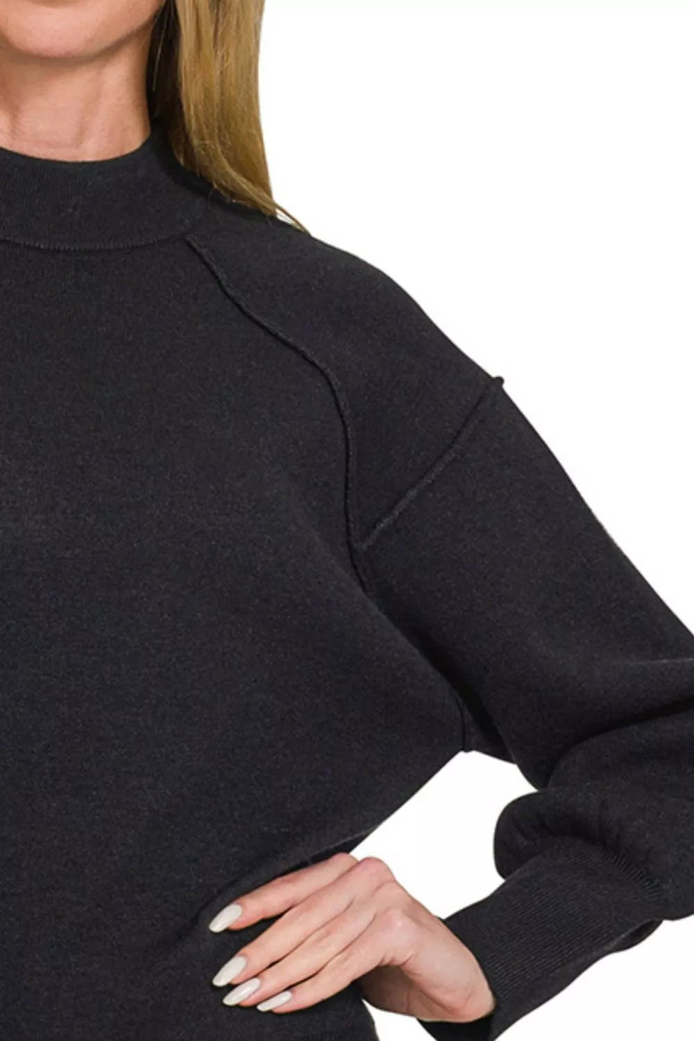 Zenana Mock Neck Exposed Seam Sweater in Black