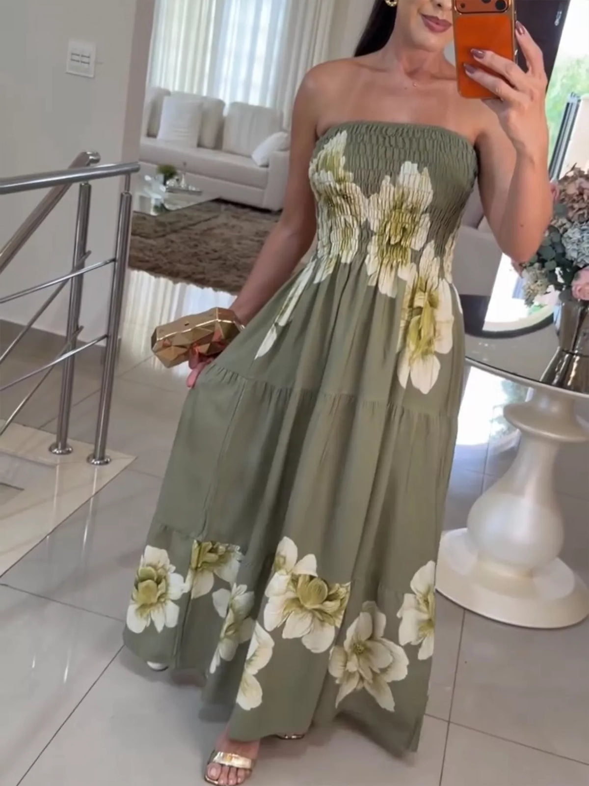 Floral Smocked Strapless Maxi Dress in Green