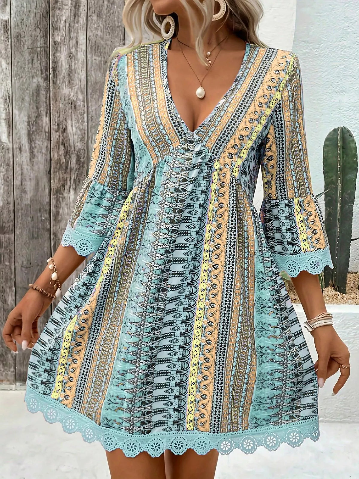 Printed V-Neck A-Line Dress with Lace Detail