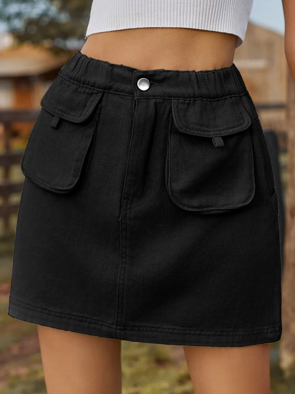 Elastic-Waist Pocketed Denim Skirt by Manny