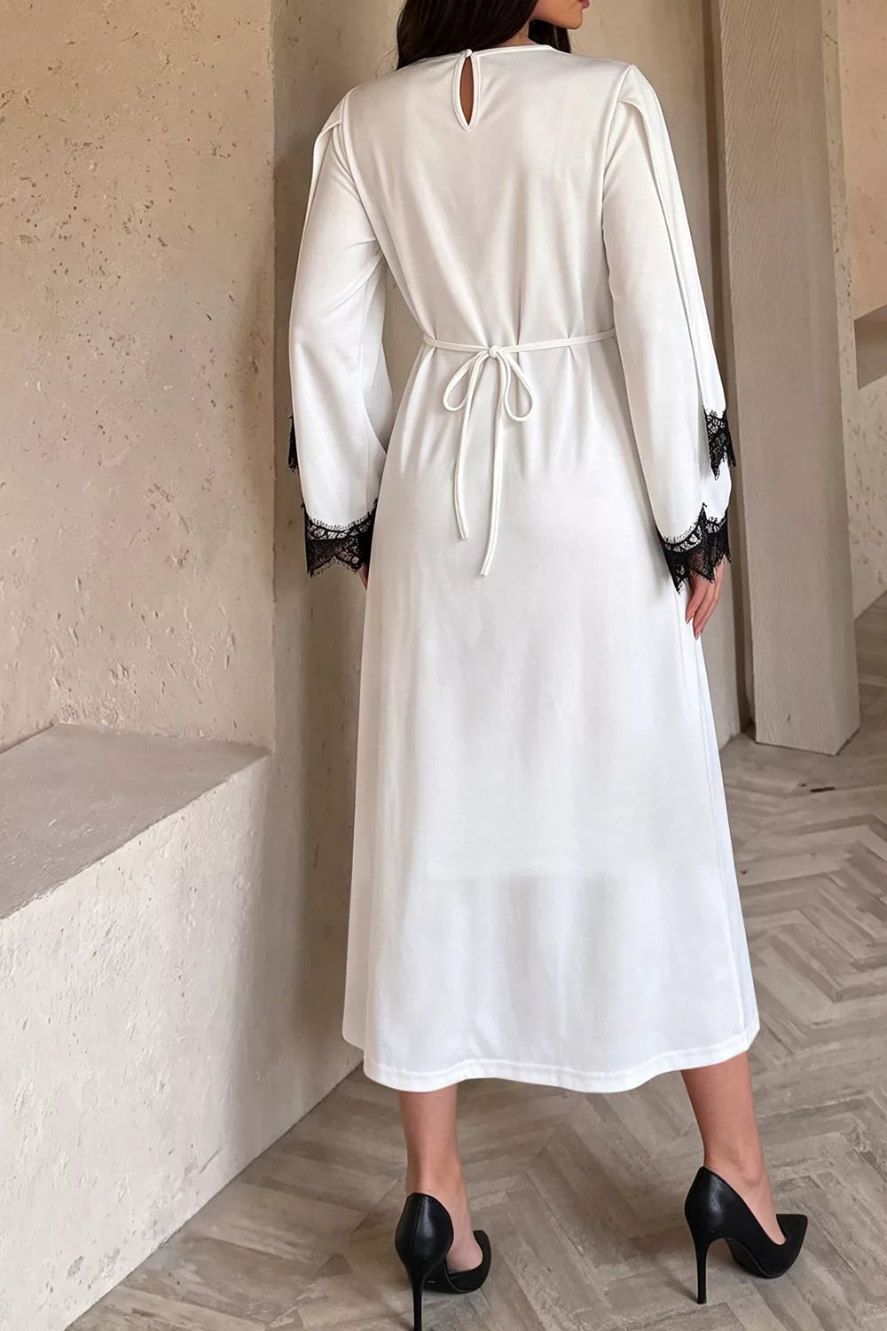 Lace Trim Round Neck Midi Dress in White
