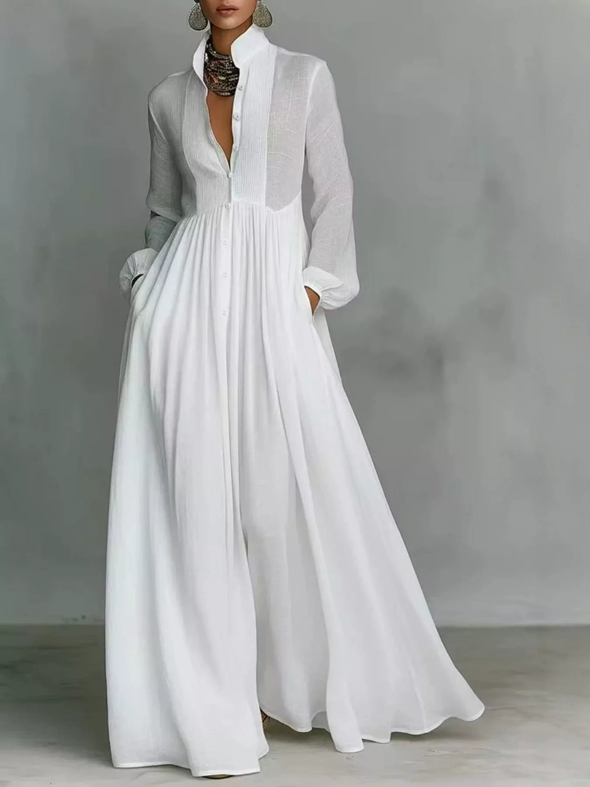 Long-Sleeve Button Front Maxi Dress
