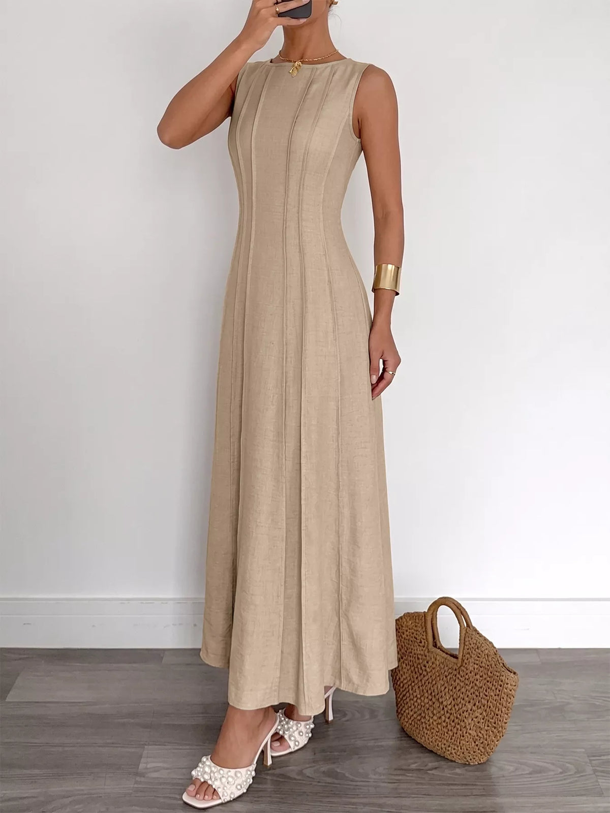 Round Neck Sleeveless Texture Maxi Dress in Khaki