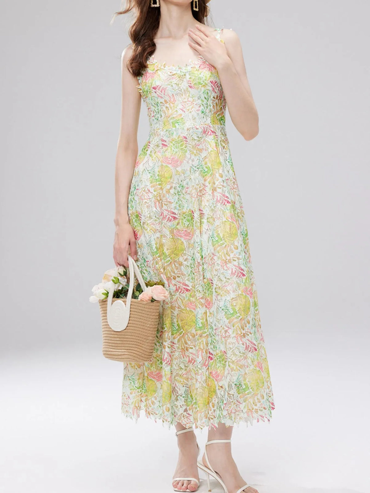 Floral Lace V-Neck Midi Dress