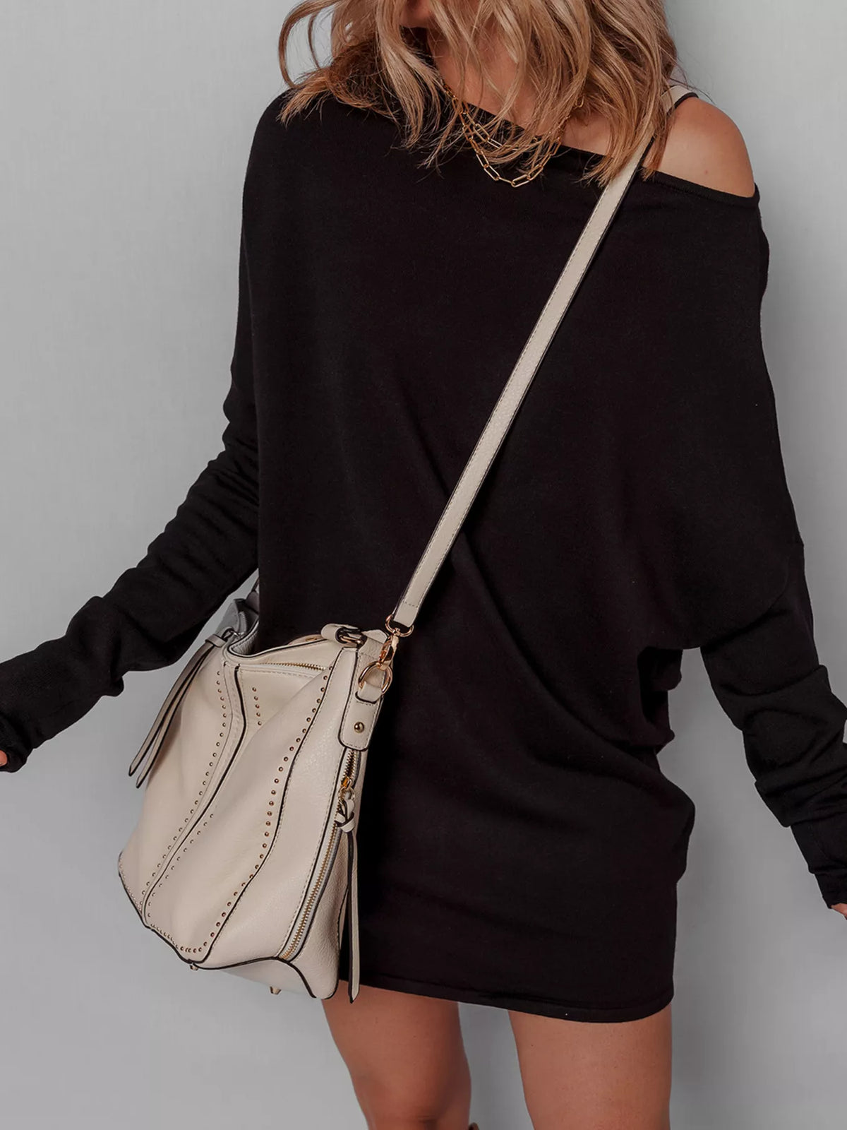 Asymmetric Neck Batwing Sleeve Mini Dress in Black