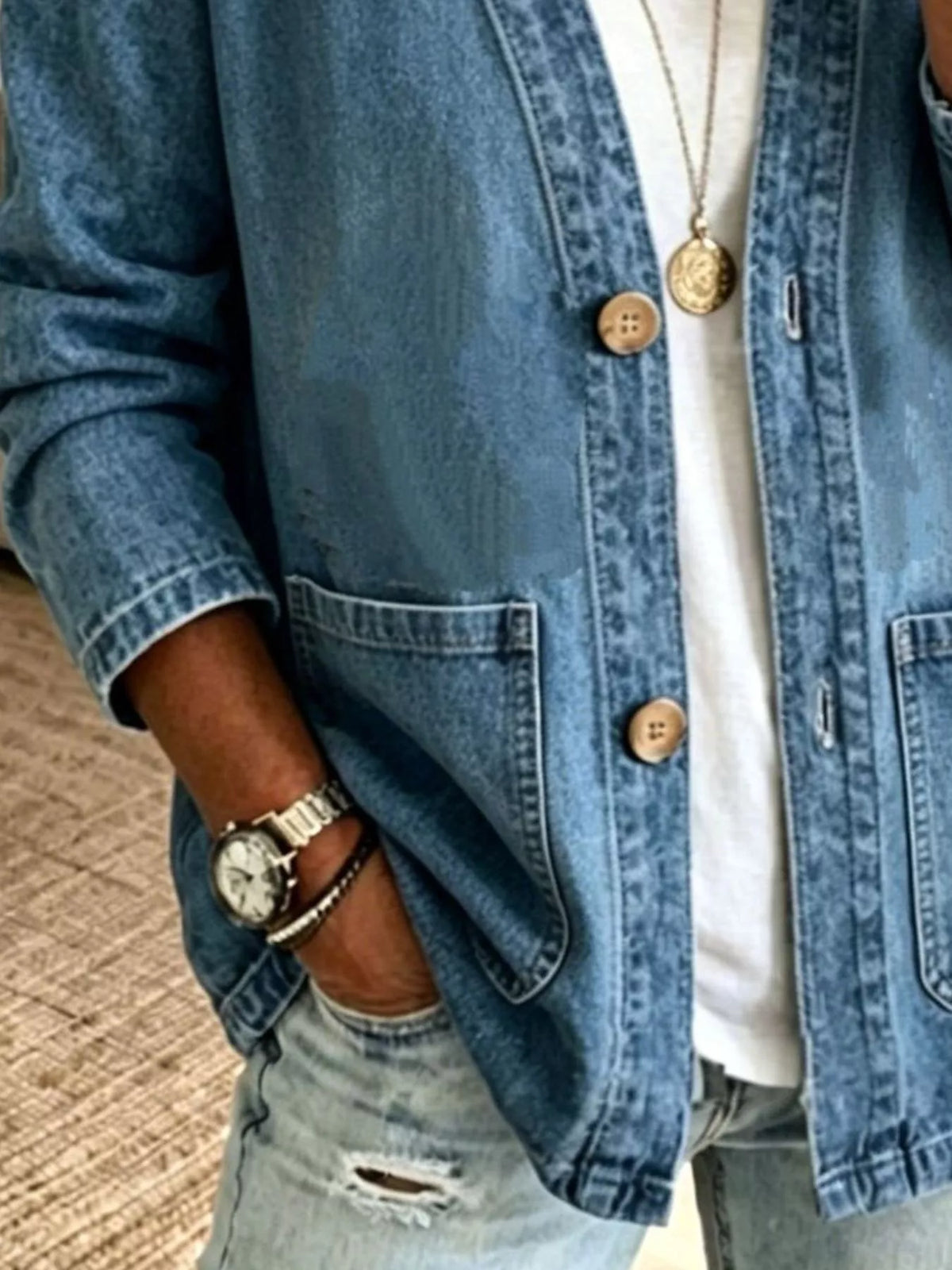 V-Neck Button-Down Denim Jacket by Invera