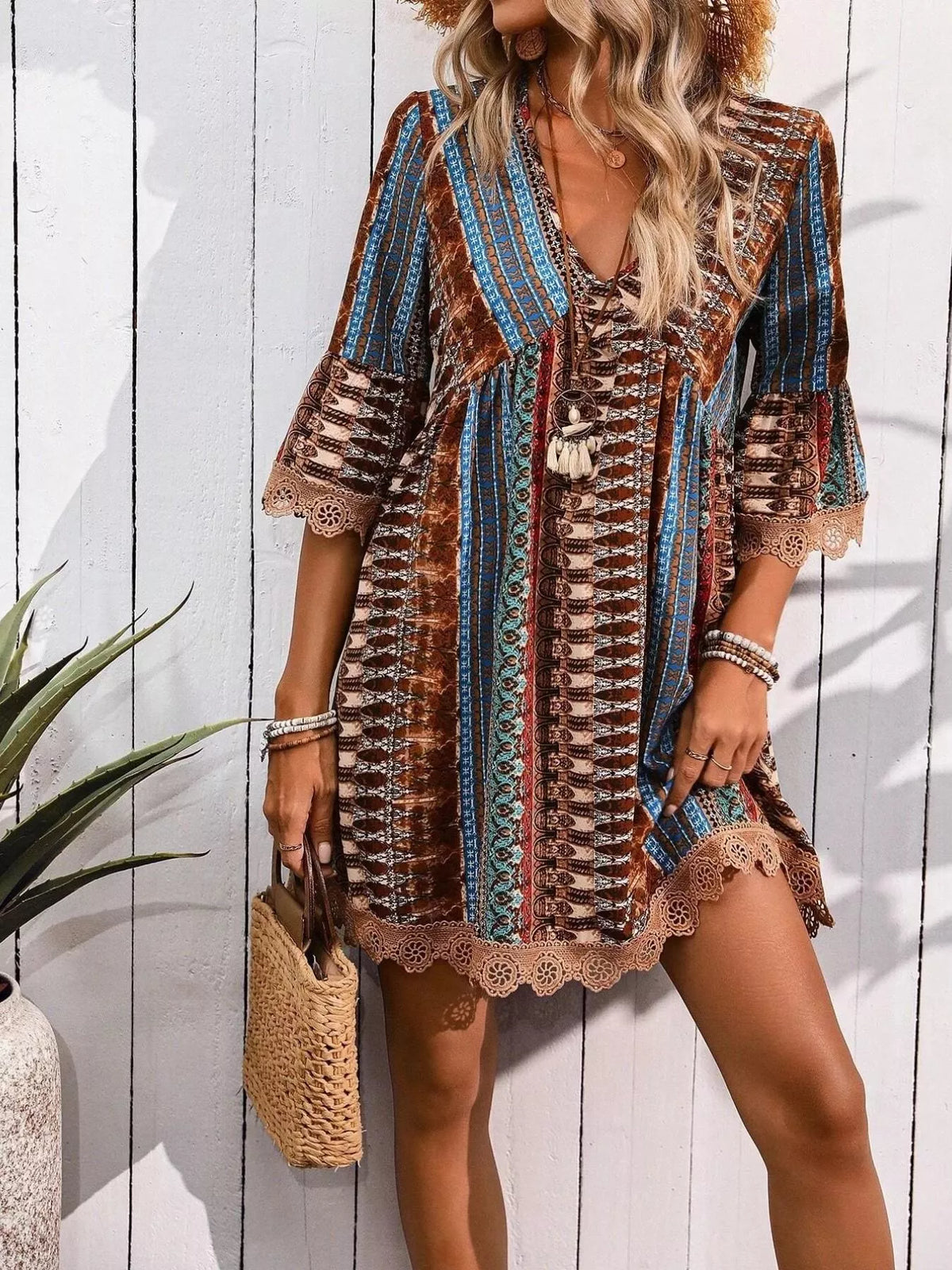 Printed V-Neck A-Line Dress with Lace Detail