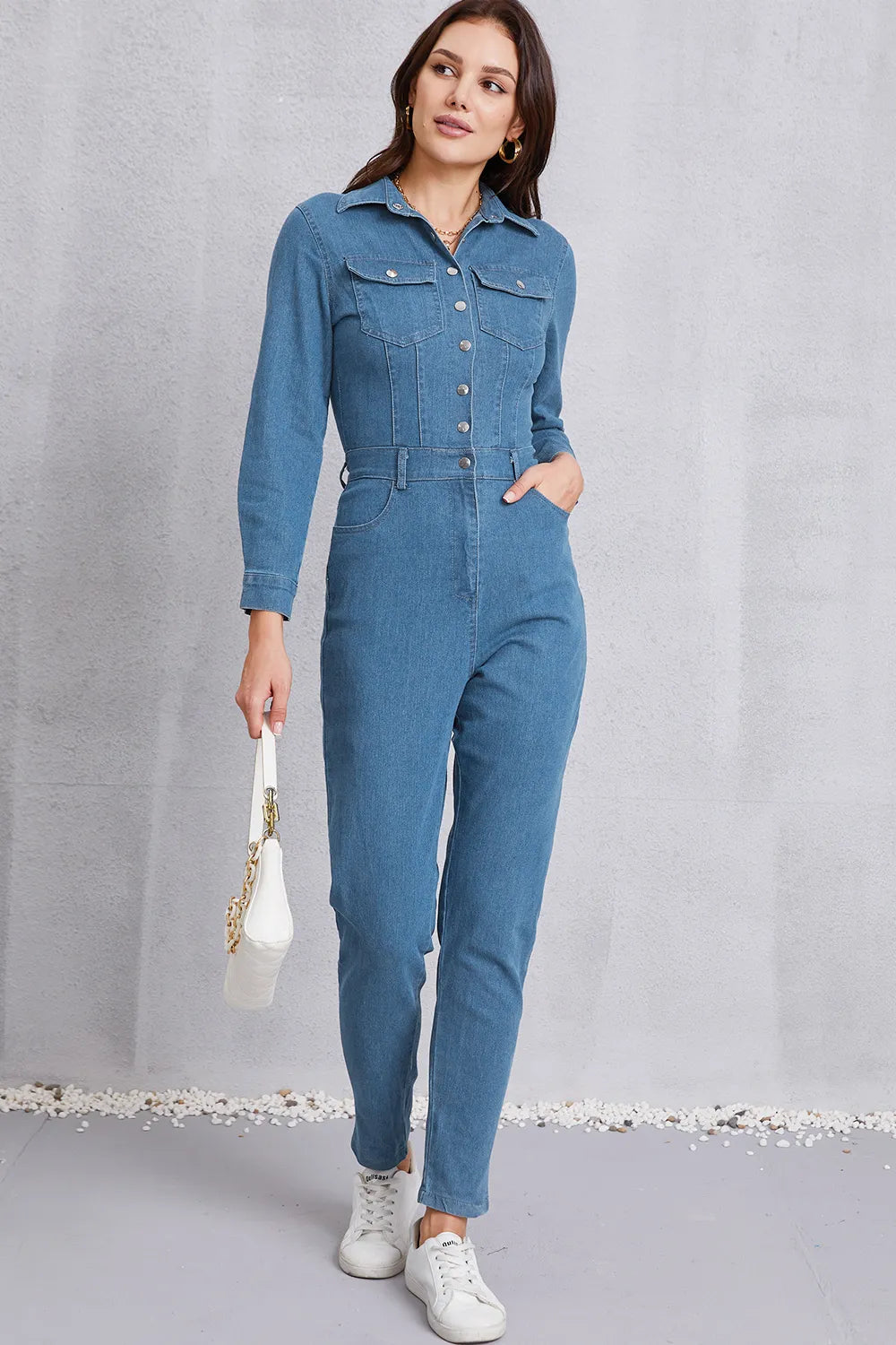 Snap-Down Denim Jumpsuit in Medium Wash by DE.C.H & K.M
