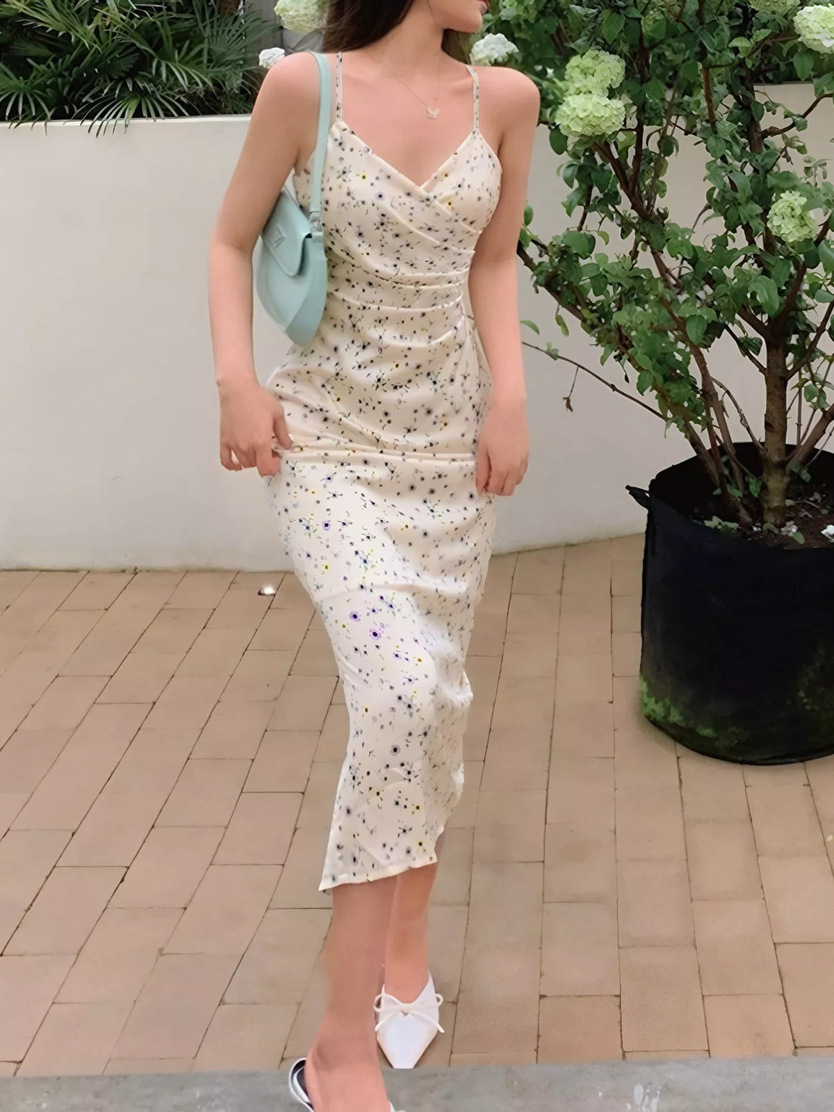 Floral Ruched Midi Dress in Beige