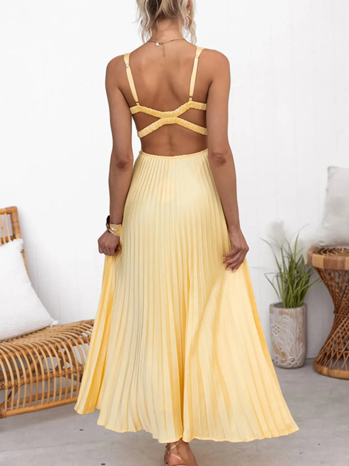 Pleated V-Neck Maxi Dress in Yellow