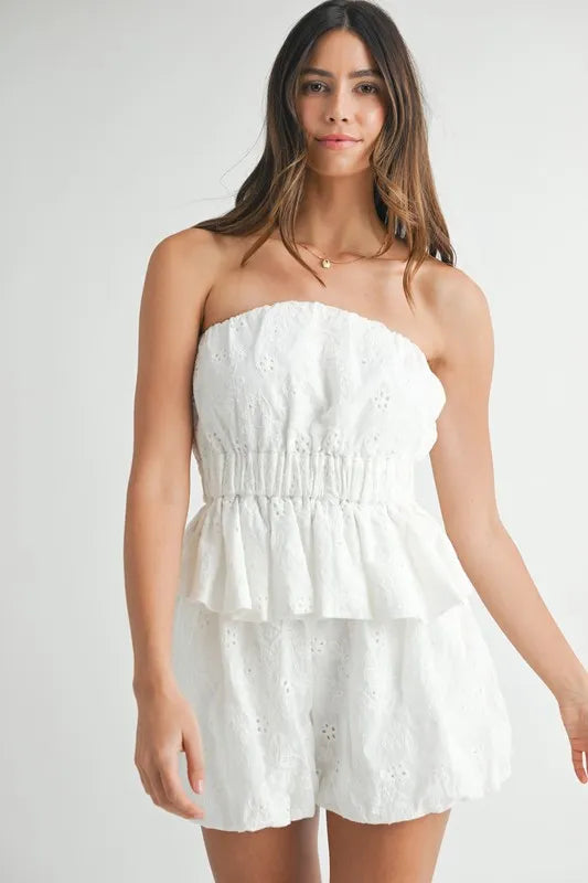 Floral Eyelet Lace Tube Top and Shorts Set in Off White
