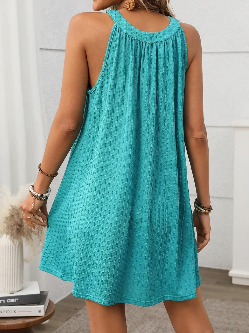 Textured Grecian Neck Mini Dress