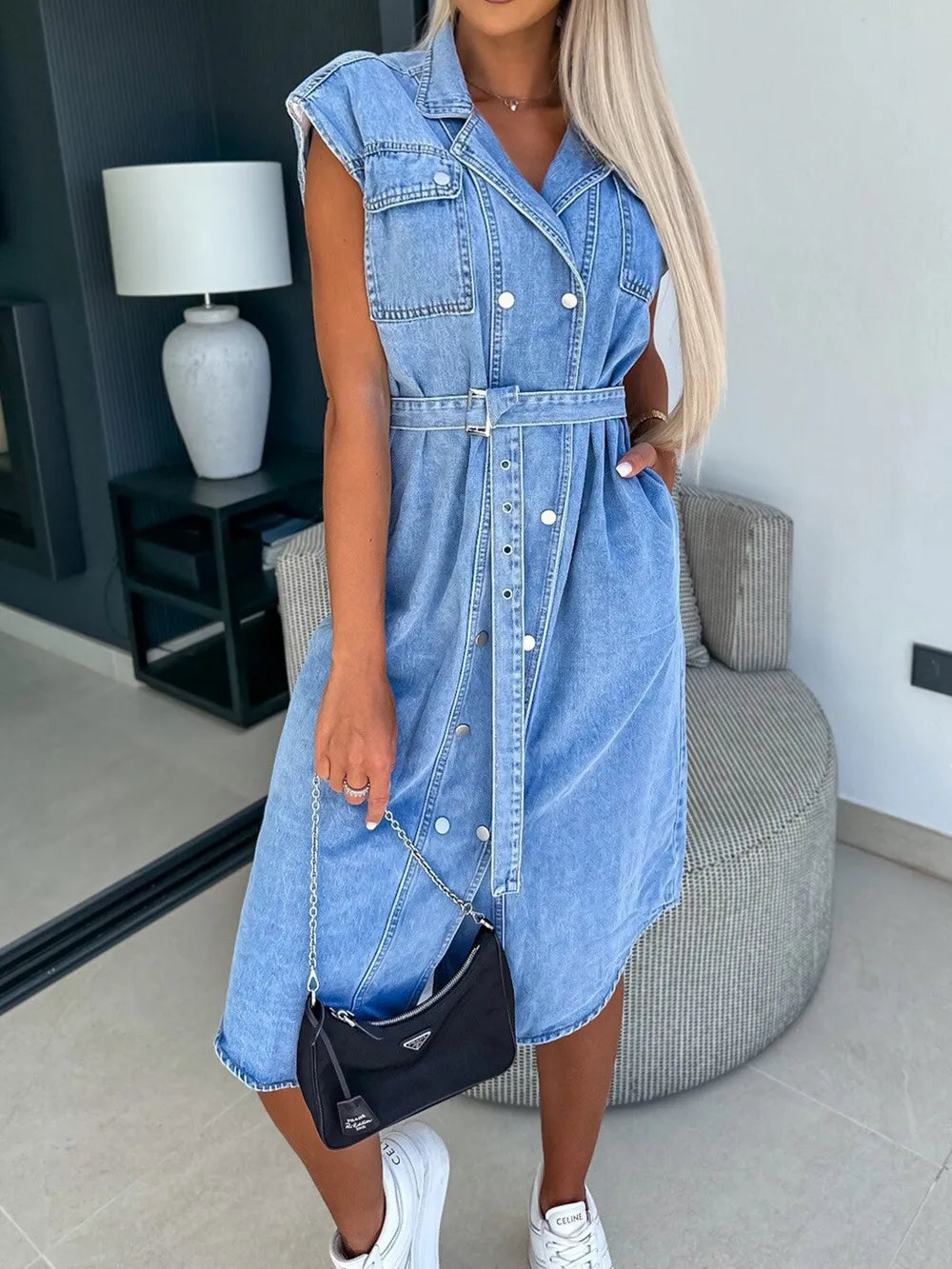Collared Cap Sleeve Denim Dress by Y.Y@Denim
