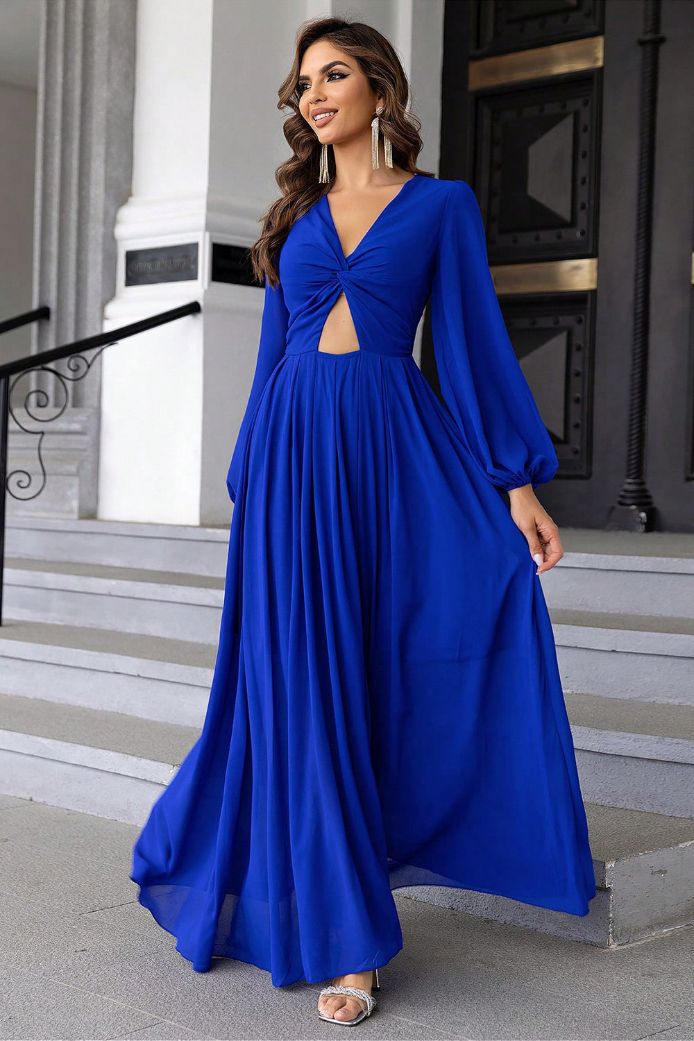 Twist Front Cutout Long Sleeve Dress in Royal Blue in Royal  Blue