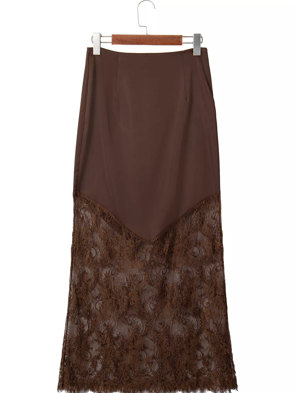 Lace Patchwork Hem Shift Skirt in Dark Brown