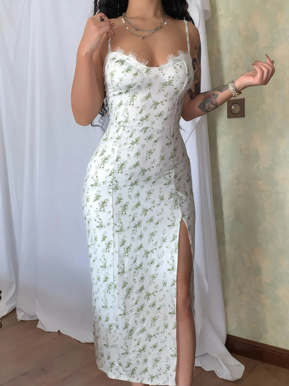 Split Sweetheart Neck Cami Dress with Lace Detail