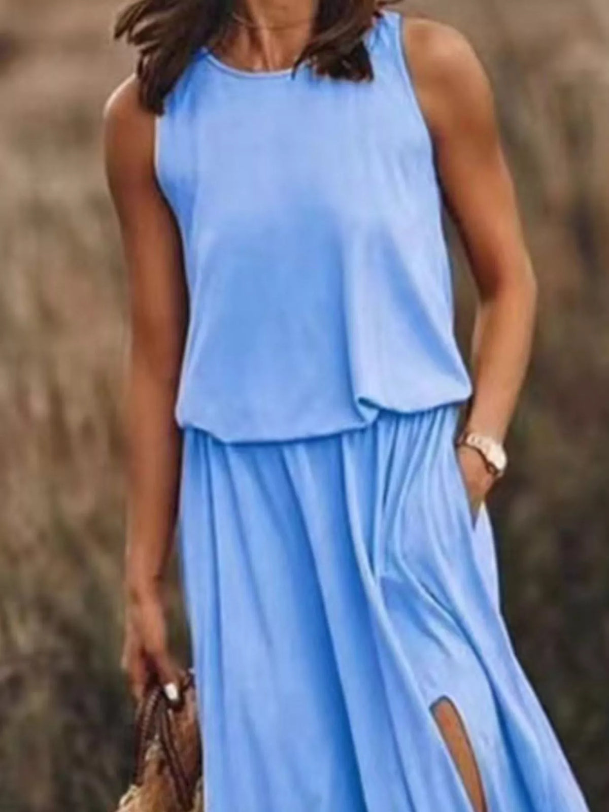 Round Neck Sleeveless Slit Maxi Dress