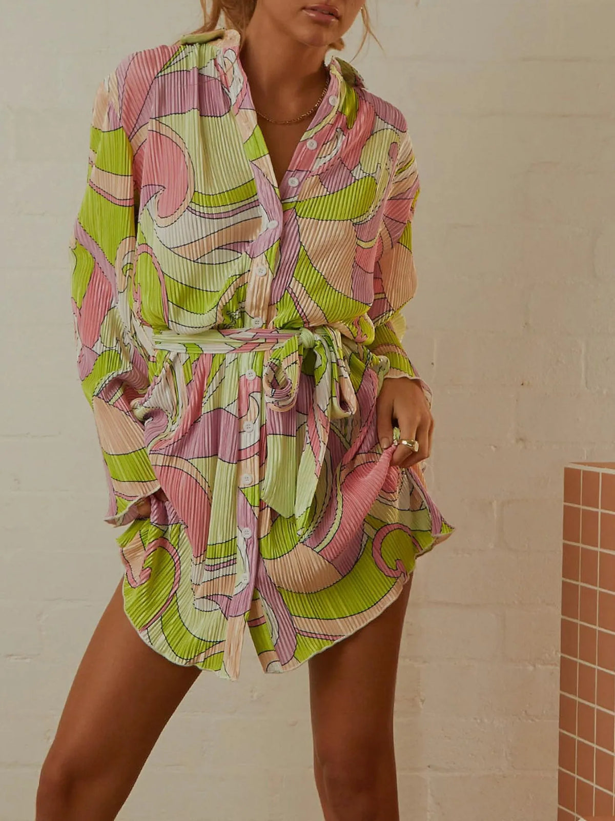 Printed Long-Sleeve Button-Front Mini Dress