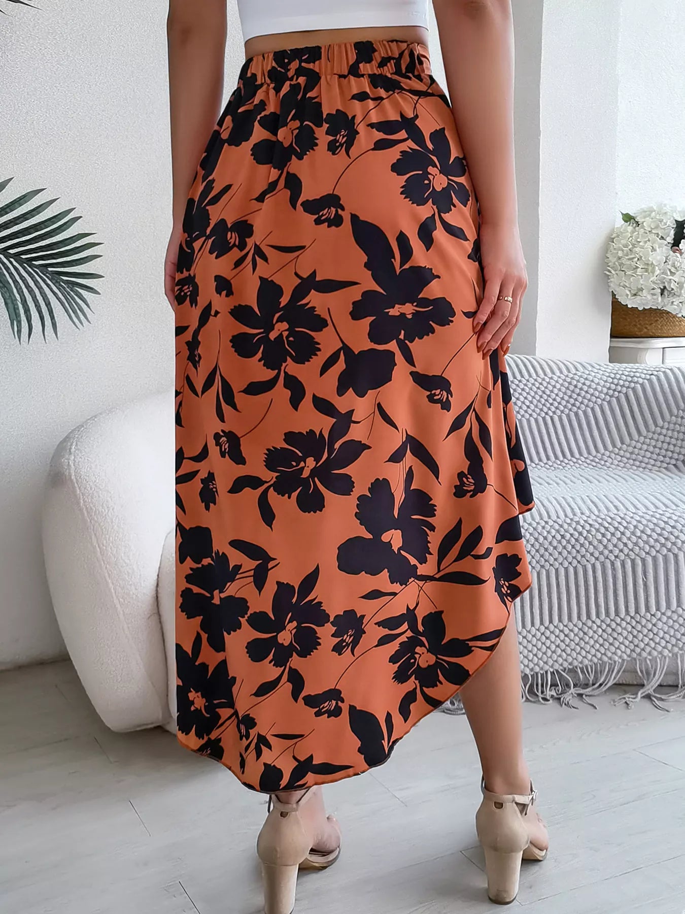 Floral Ruffle Hem Asymmetrical Skirt