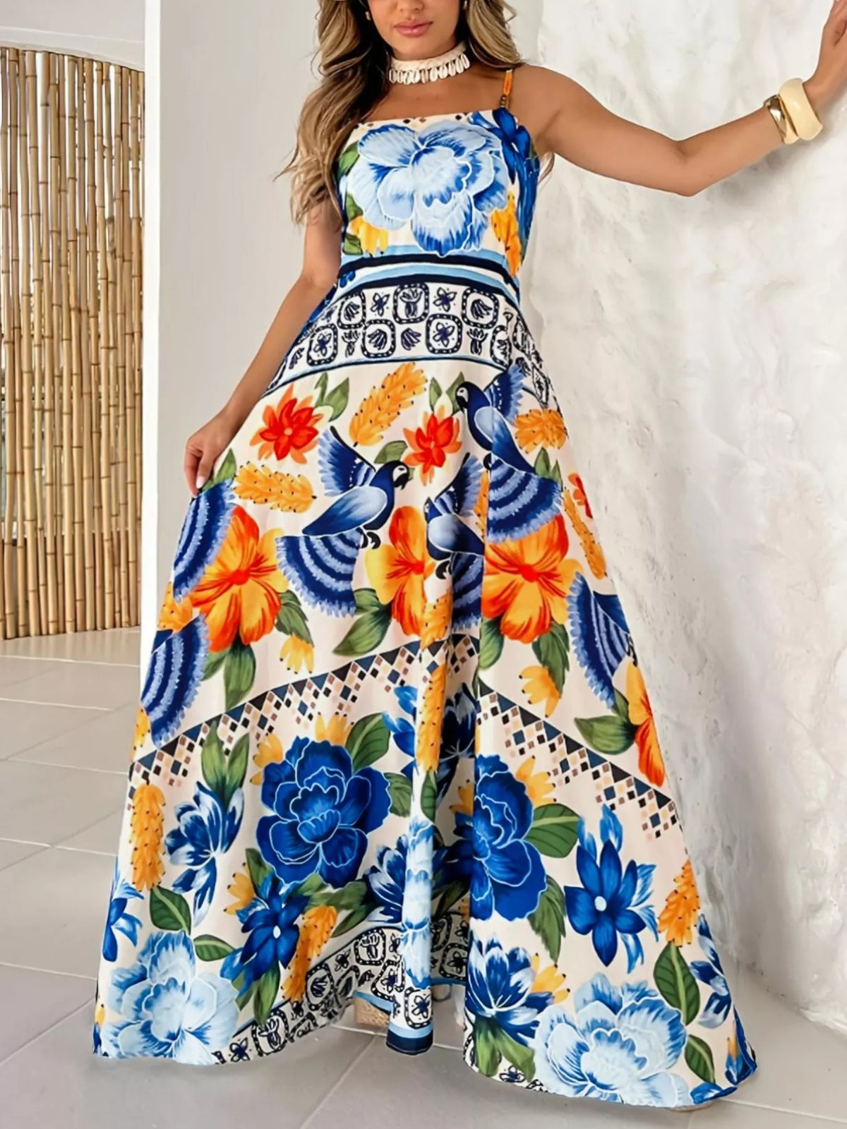 Plus Size Floral Print Maxi Dress in Royal Blue
