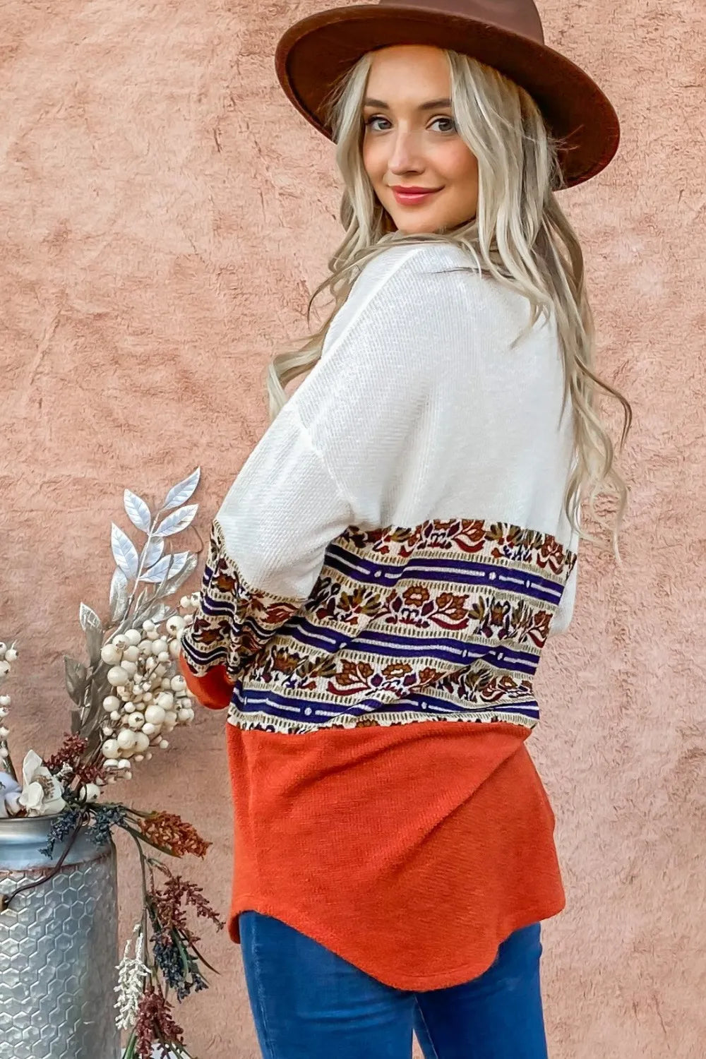 And The Why Ethnic Print Color Block Top in Rust