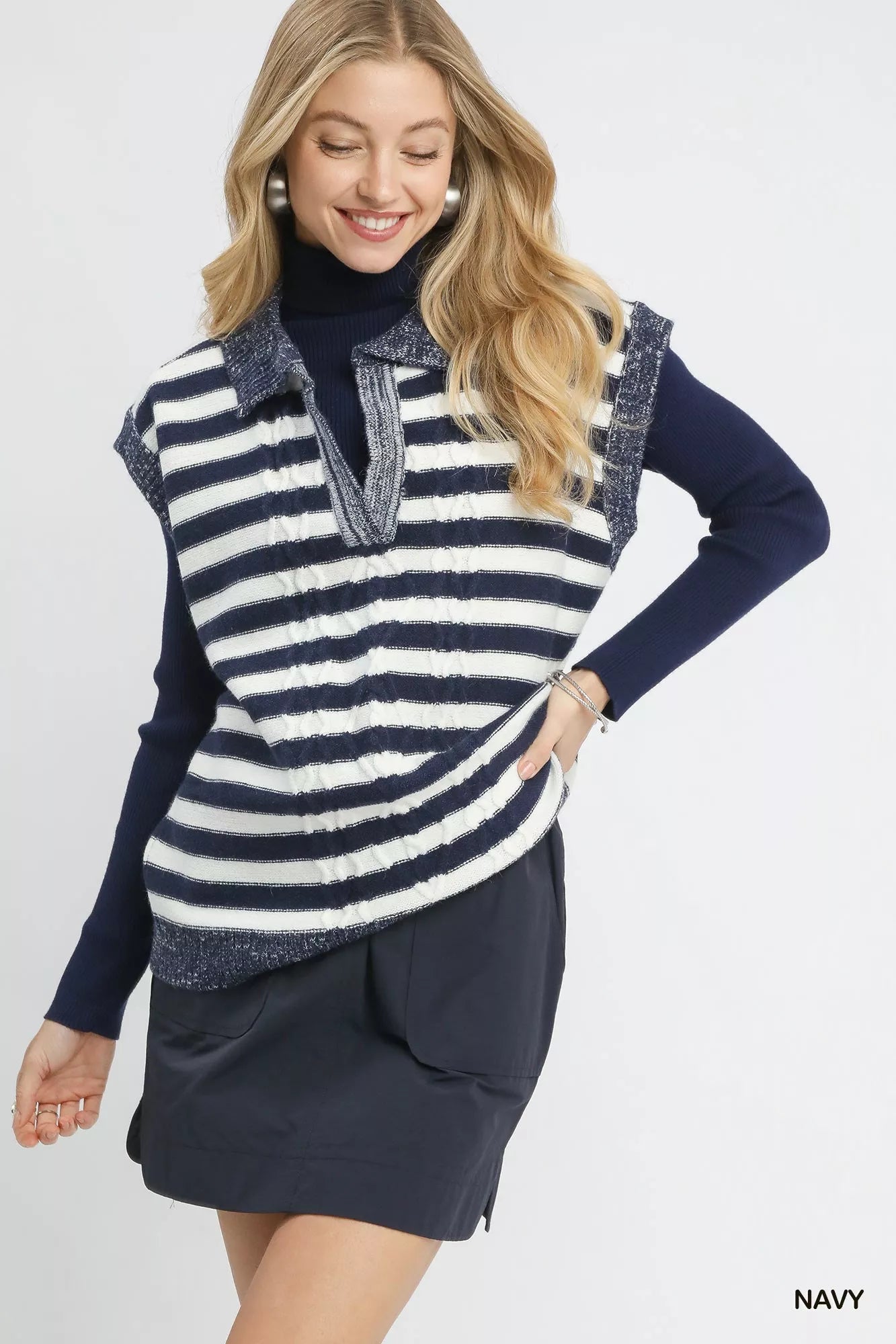Umgee Cable Knit Collared Striped Sweater Vest in Navy