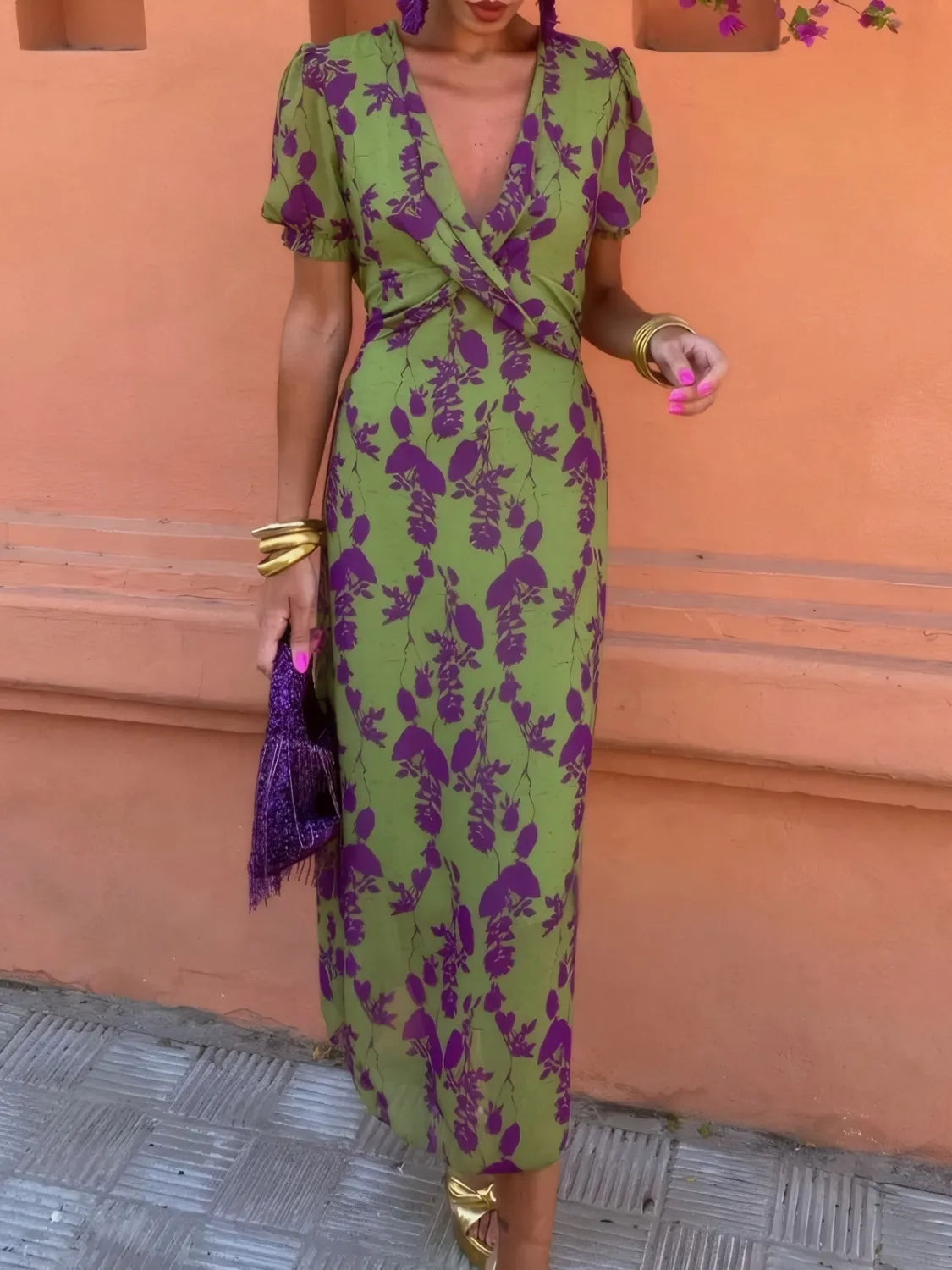Printed Plunge Midi Dress in Moss