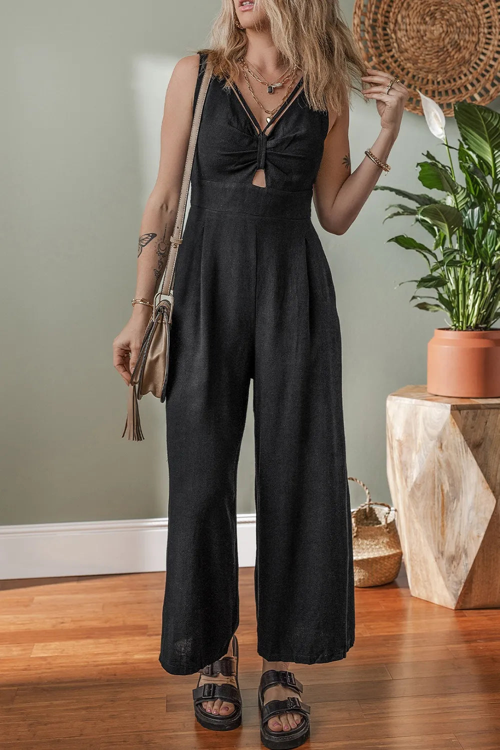 Front Cutout Smocked-Back Wide Leg Jumpsuit in Black