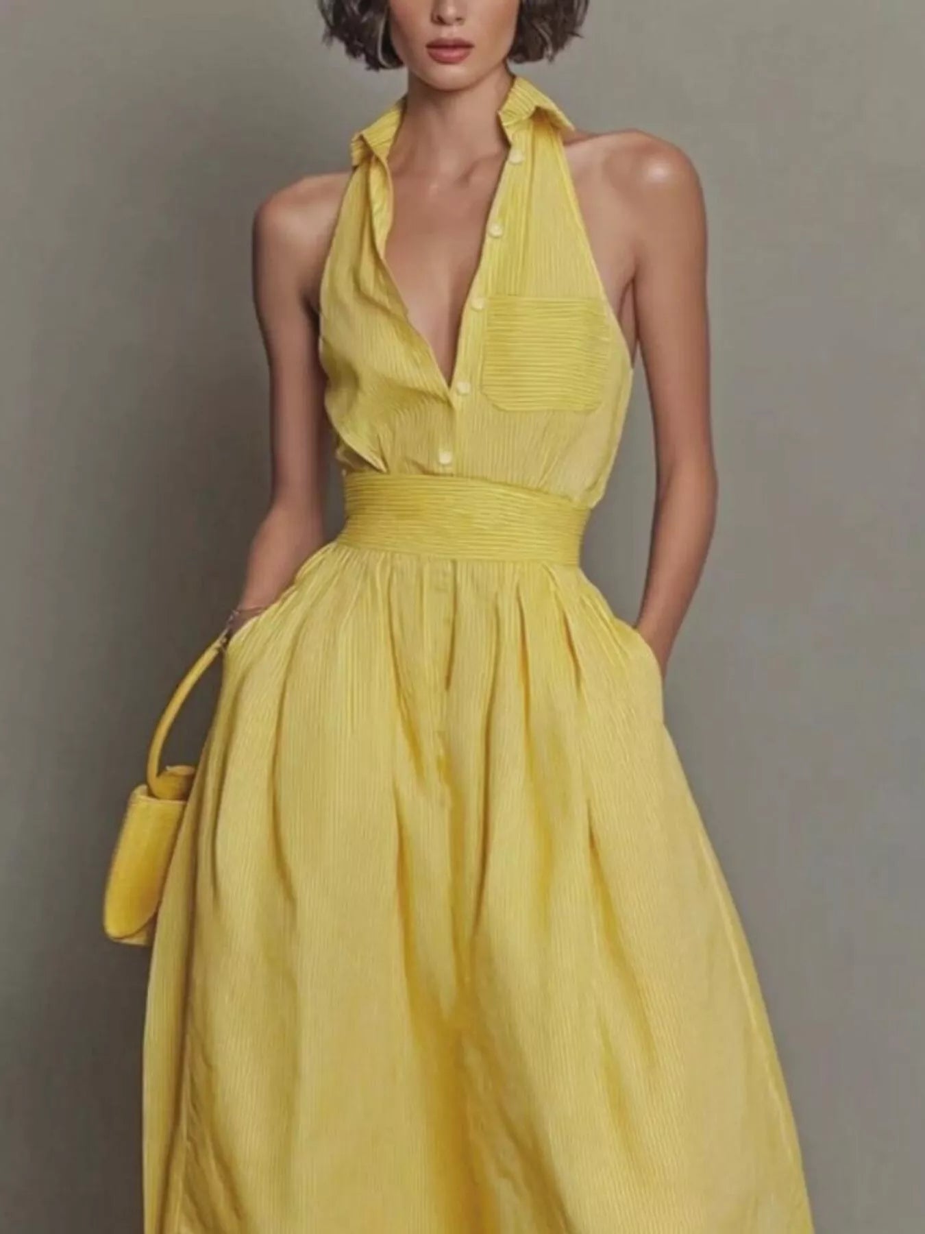 Sleeveless Maxi Dress with Pockets in Yellow