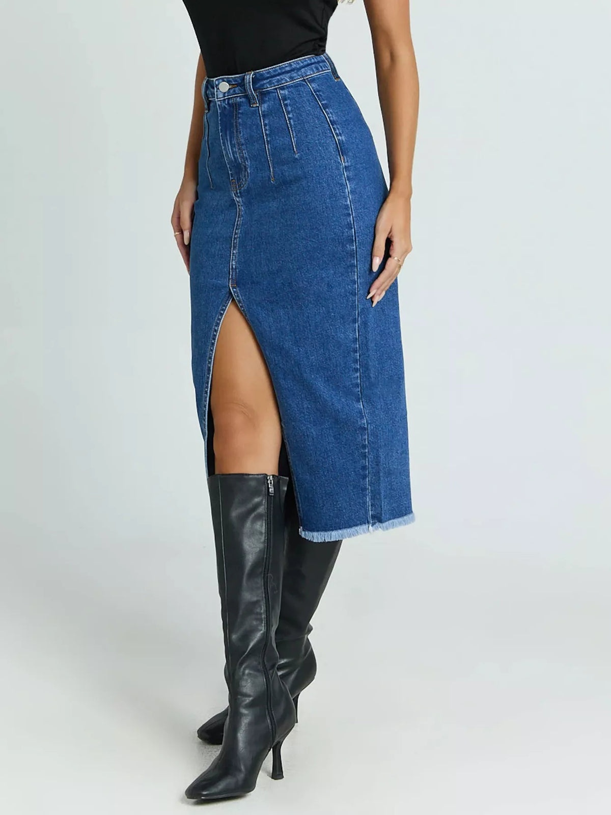 High-Waisted Slit Denim Skirt in Blue by Lone Star Lady