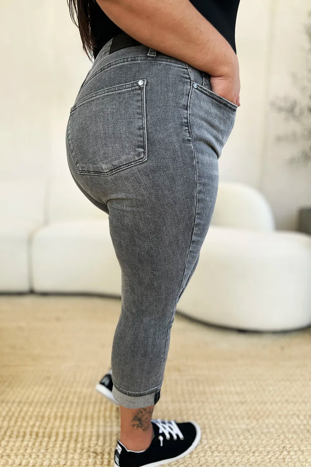 Judy Blue Button Fly High Waist Cuffed Capris in Gray