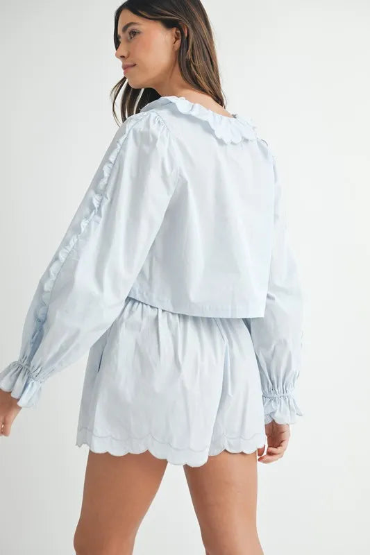 Scallop Trim Blouse and Shorts Set in Light Blue in Lt Blue