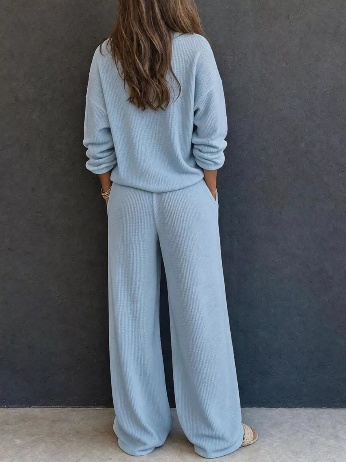 Waffle-Knit Button Detail Top and Pants Set