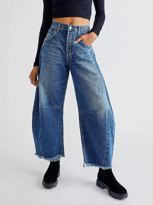 Wide Leg Raw Hem Jeans in Blue