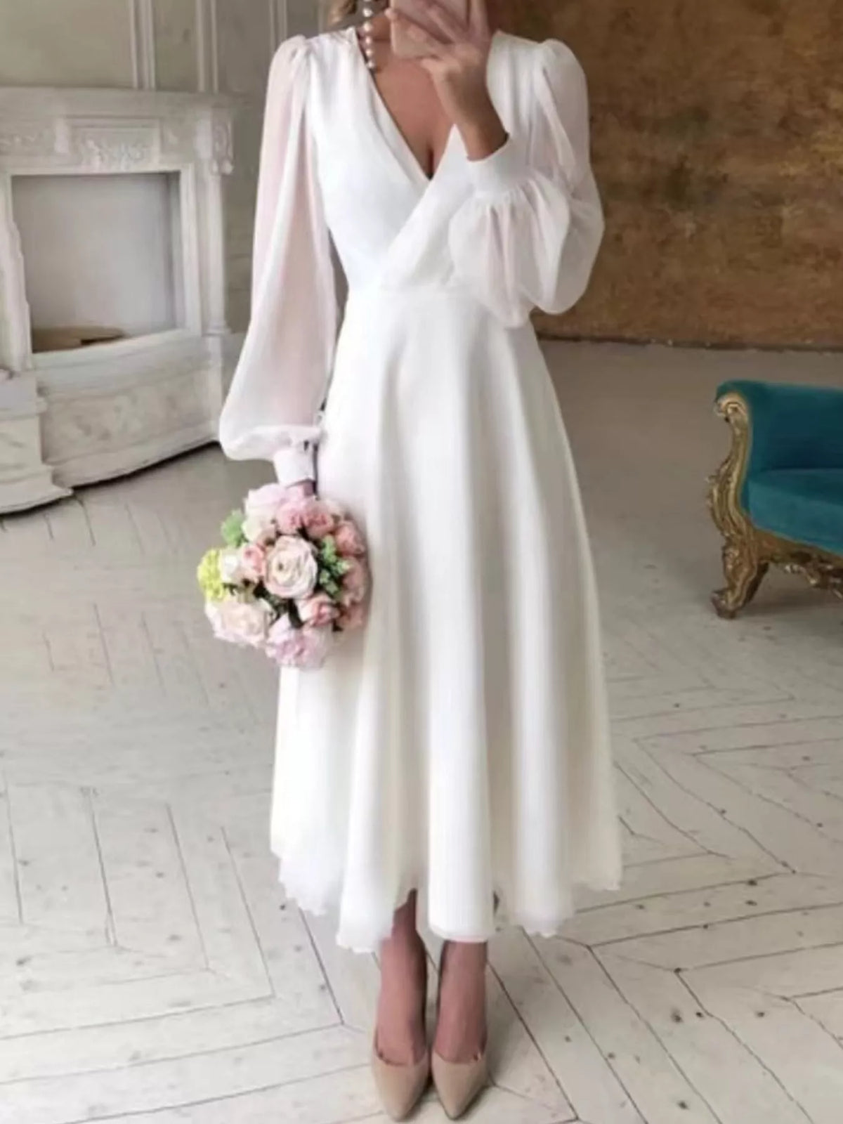 Surplice Lantern Sleeve Midi Dress in White