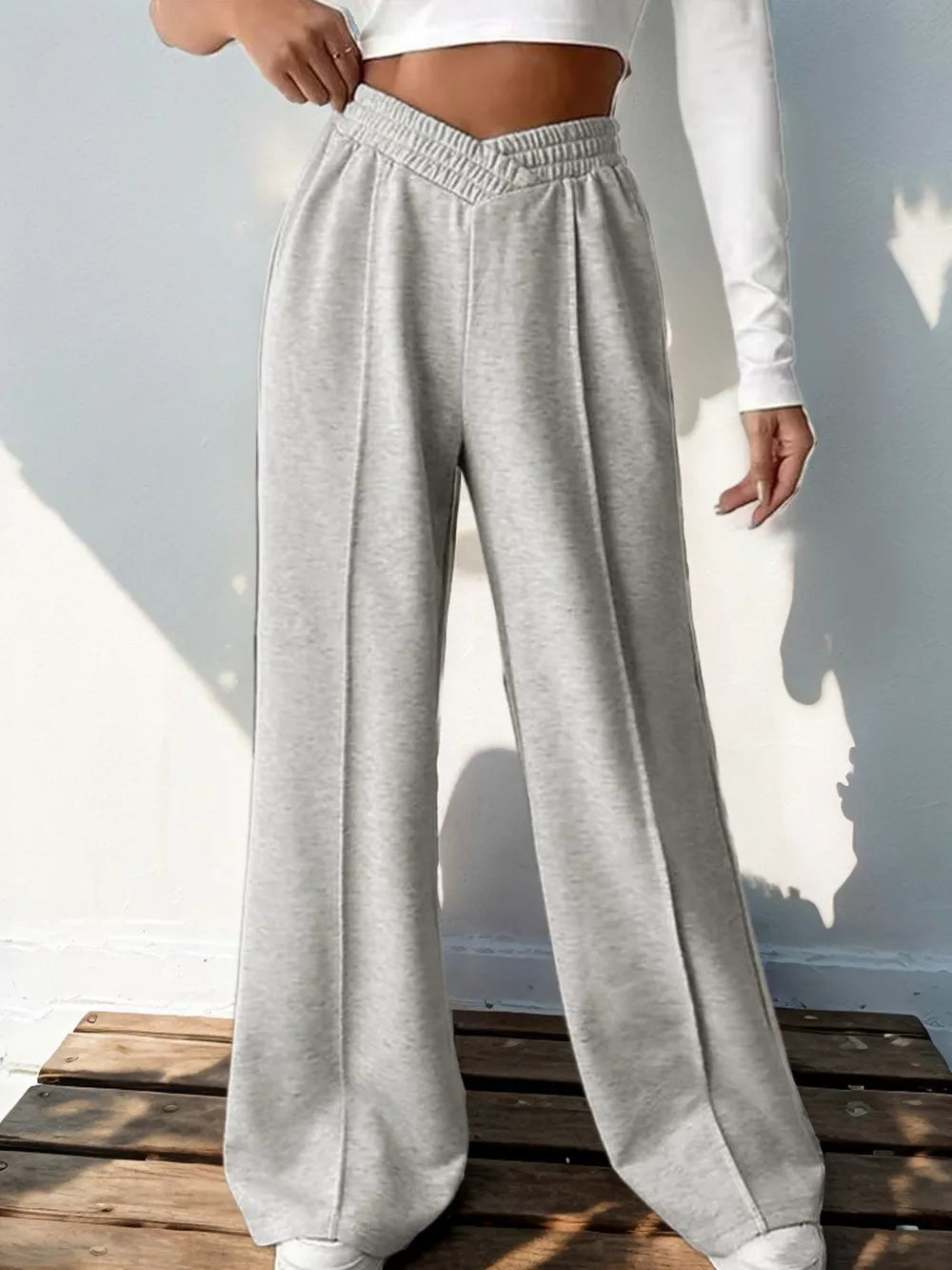 Elastic Waist Wide Leg Pants in Light Gray