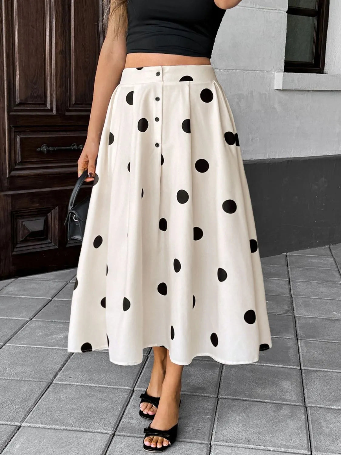 Polka Dot Button Skirt in Cream
