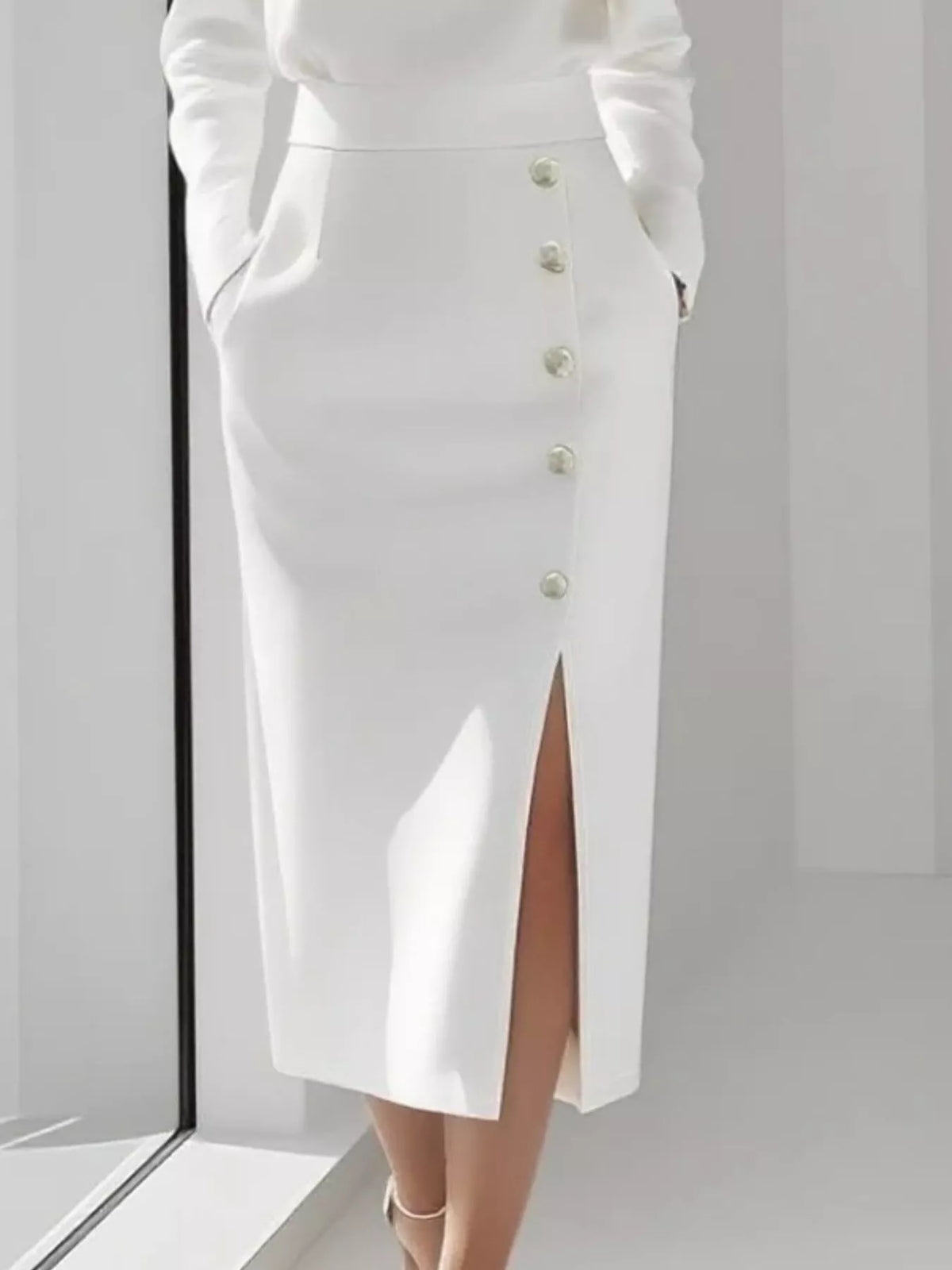 Button Detail Midi Dress with Side Slit