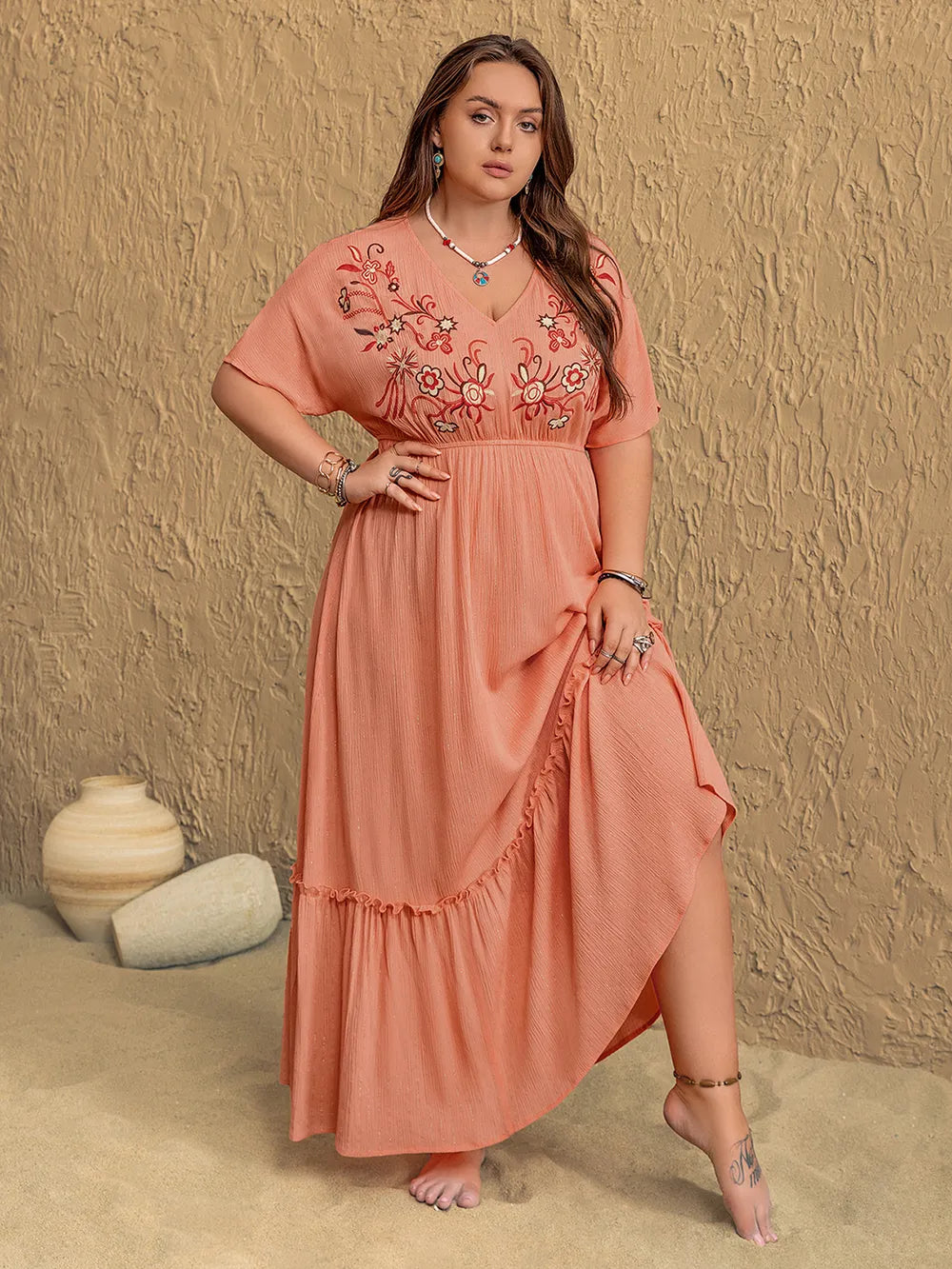 Frill Embroidered V-Neck Maxi Dress in Coral